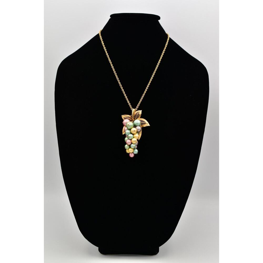 Vintage Grape Pendant Necklace Brushed Gold Multi-Color Cluster Vine Pastel BinK - Picture 3 of 12
